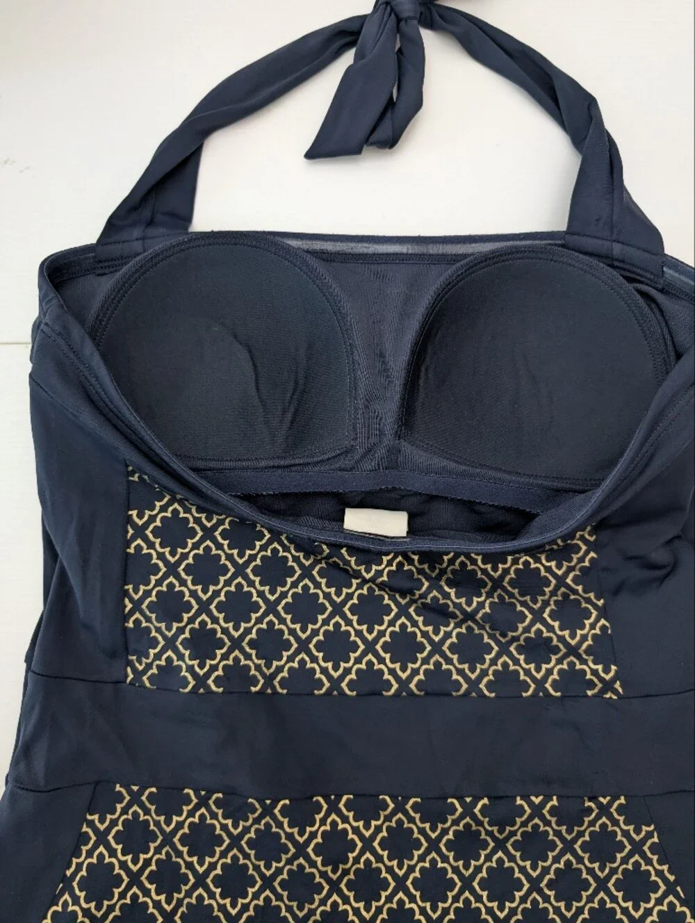 Boden Santorini Halterneck Swimsuit Size 10R One Piece Navy Golden Geo Pattern